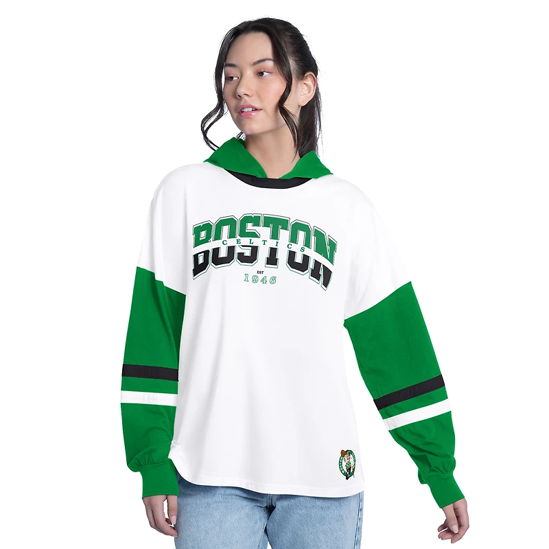 T-shirt à manches longues et capuche oversize G-III 4Her pour femme, par Carl Banks, blanc/vert, Boston Celtics, joueur clé