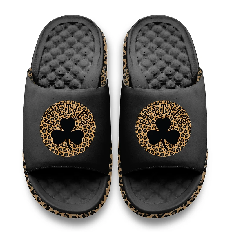Women's ISlide Black Boston Celtics Cheetah Dip Motive Slide Sandals