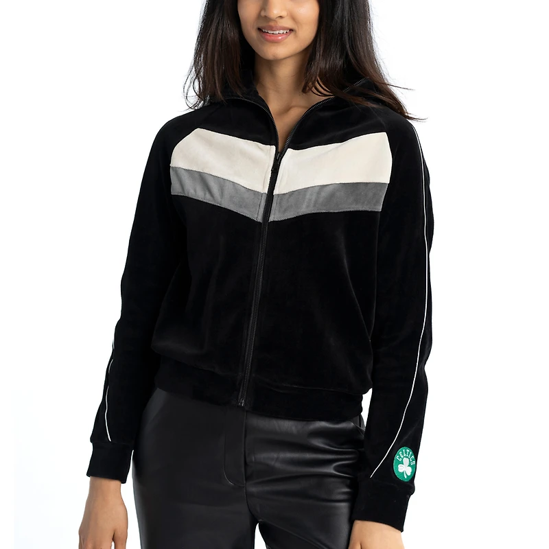 Veste de survêtement entièrement zippée Lusso Black Boston Celtics Nixie Chevron Color-Block Raglan pour femme