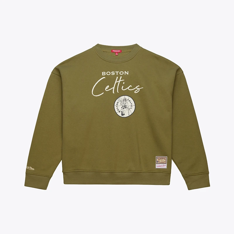 Women's Mitchell & Ness  Olive Boston Celtics Lightweight Script Sweatshirt