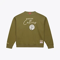 Women's Mitchell & Ness  Olive Boston Celtics Lightweight Script Sweatshirt