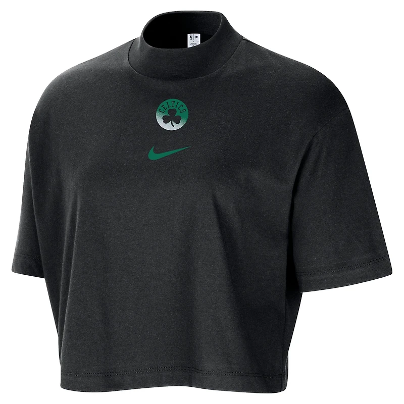 Women's Nike Black Boston Celtics Courtside Mock Neck Loose Fit Cropped T-Shirt