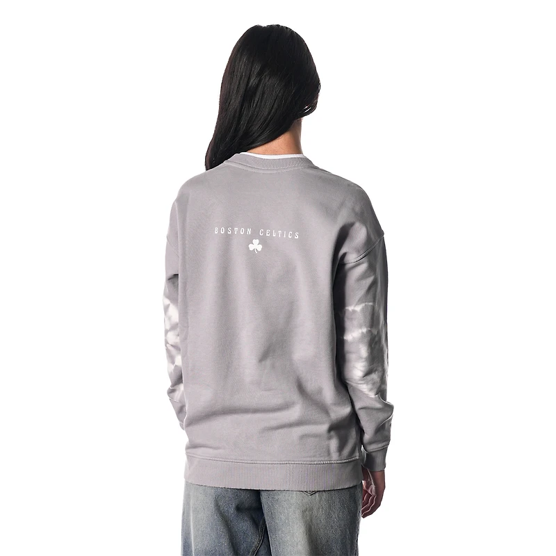 Women's The Wild Collective Heather Gray Boston Celtics Bleached Tie-Dye Pullover Sweatshirt