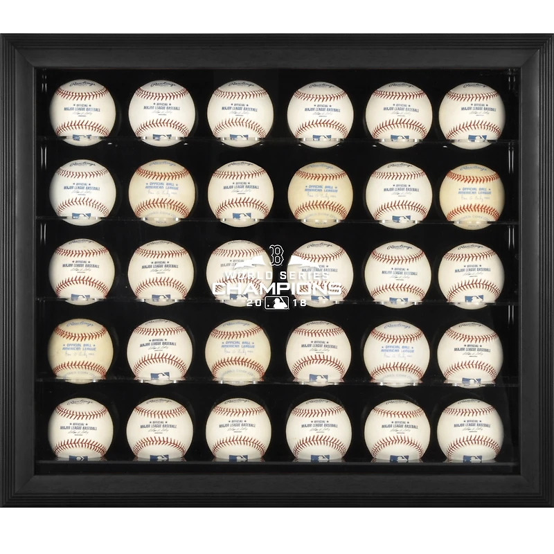 Présentoir à 30 balles de baseball Boston Red Sox, champions de la Série mondiale MLB 2018, avec logo encadré noir.