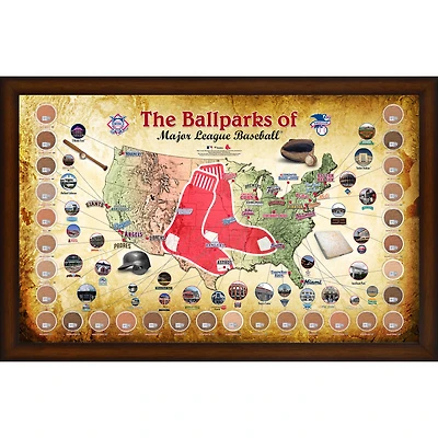 Collage encadré de la carte des parcs de la MLB des Boston Red Sox, 20" x 32", avec de la terre utilisée lors des matchs des 30 stades