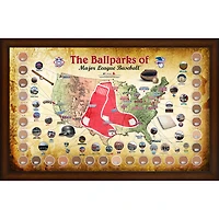 Collage encadré de la carte des parcs de la MLB des Boston Red Sox, 20" x 32", avec de la terre utilisée lors des matchs des 30 stades