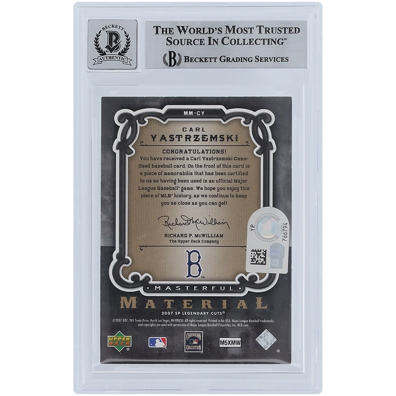 V106832 RedSox Carl Yastrzemski Boston Red Sox Autographié 2007 Upper Deck SP Coupes Légendaires Matériaux Magistraux Maillot Relique #MM-CY Beckett Fanatics Témoin Authentifié 10 Cartes Carl Yastrzemski AUT UPD CARTES À ÉCHANGER 45666 AUTTRC CA01B00136 #8