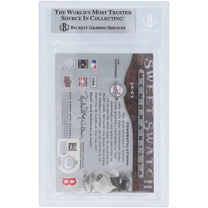 Carl Yastrzemski Boston Red Sox Autographié 2009 Upper Deck Sweet Spot Sweet Swatches Souvenirs Jersey Relic #SS-CY Beckett Fanatics Witnessed Authenticated Card