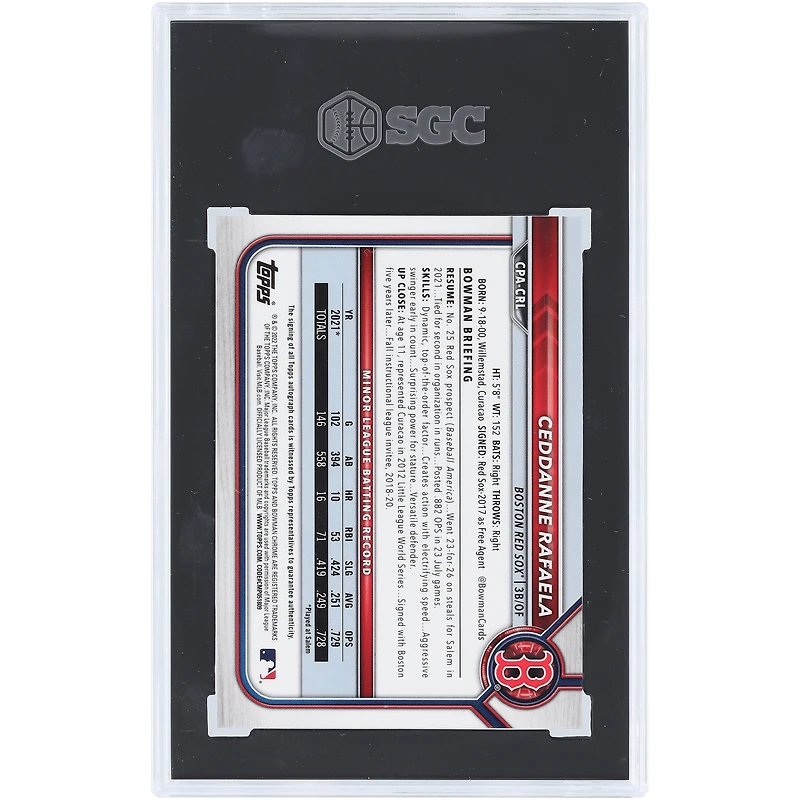 Carte autographiée par Ceddanne Rafaela des Red Sox de Boston, édition 2022, Bowman Chrome Green Refractor Prospect Auto. Numéro CPA-CRL : 61/99. Authentifiée par SGC (note : 8,5/10).