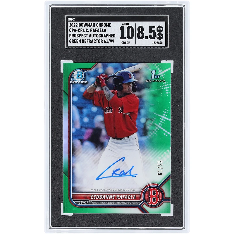 Carte autographiée par Ceddanne Rafaela des Red Sox de Boston, édition 2022, Bowman Chrome Green Refractor Prospect Auto. Numéro CPA-CRL : 61/99. Authentifiée par SGC (note : 8,5/10).