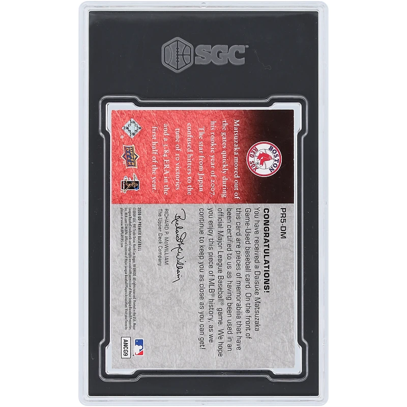 Daisuke Matsuzaka Boston Red Sox 2008 Upper Deck Premier Premier 5 Remnants Materials Masterpiece Relics #PR5-DM #1/1 SGC Authenticated 8.5 Card