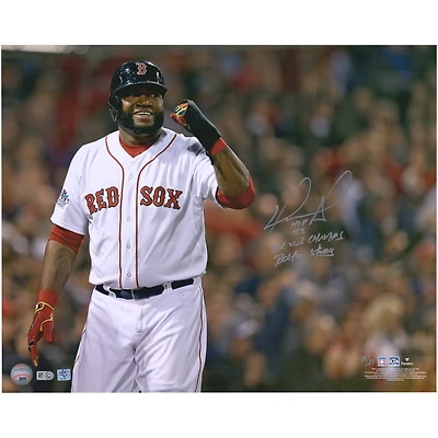 Photo dédicacée de David Ortiz (Red Sox de Boston), poing levé, 40 x 50 cm, avec plusieurs inscriptions - Édition limitée à 34 exemplaires