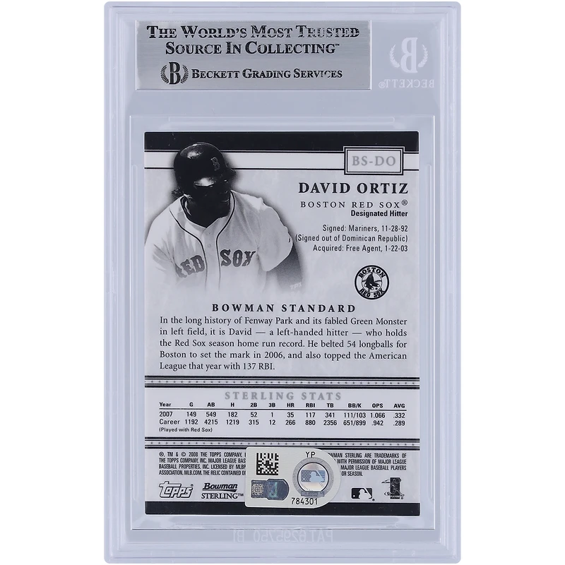 Carte authentifiée signée David Ortiz des Boston Red Sox, maillot Bowman Sterling 2008, numéro BS-DO, témoin des fanatiques de Beckett