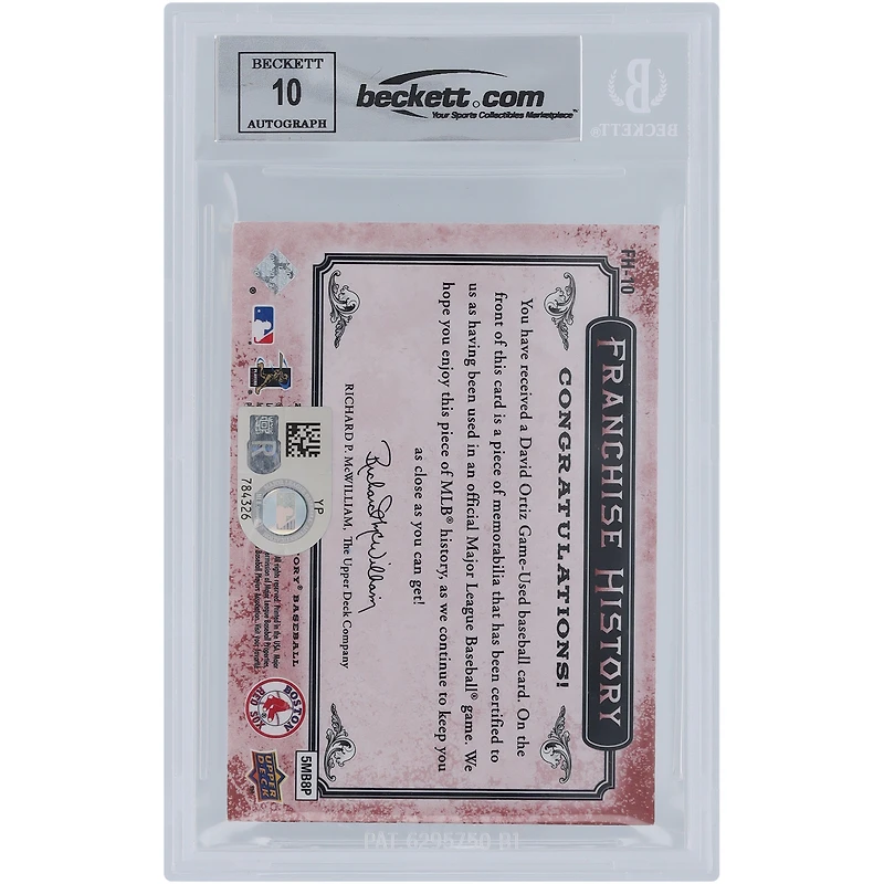 V106832 RedSox David Ortiz Boston Red Sox Autographié 2008 Upper Deck Un Morceau D'Histoire Red Franchise Histoire Jersey Relique #FH-10 Beckett Fanatics Témoin Authentifié 10 Carte David Ortiz AUT UPD CARTES À COLLECTIONNER 45839 AUTTRC CA01B02013