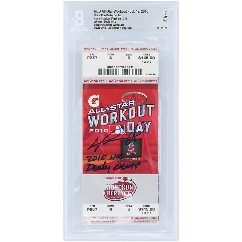 Billet NM 7 authentifié et autographié par David Ortiz des Boston Red Sox, signé Beckett Fanatics, daté du 12 juillet 2010, avec l'inscription « 2010 HR Derby Champ »