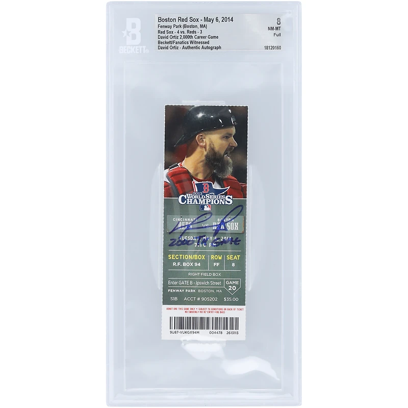 Billet NM-MT 8 authentifié et autographié par David Ortiz des Boston Red Sox, signé Beckett Fanatics, daté du 6 mai 2014