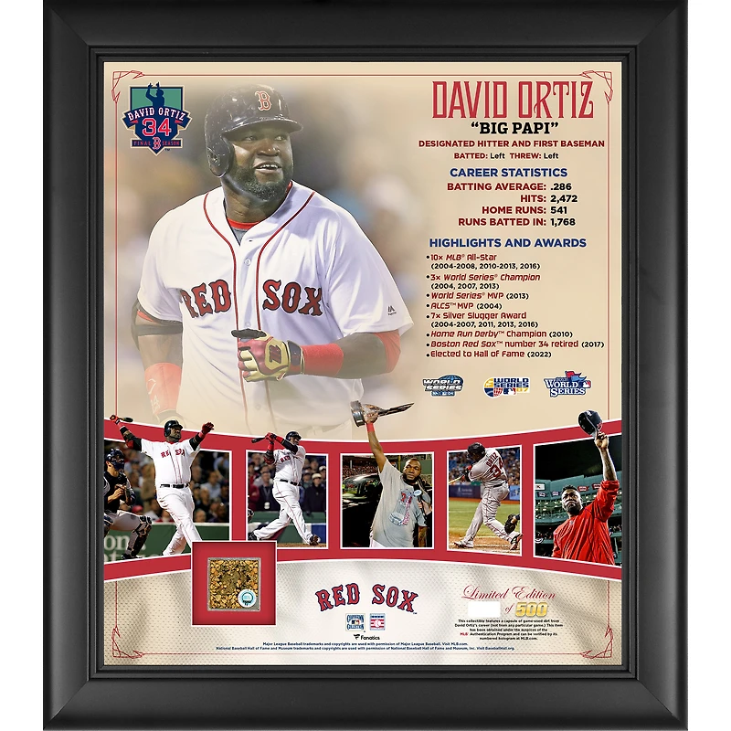 Collage encadré non signé de 15" x 17" de David Ortiz, Boston Red Sox, avec de la terre utilisée lors du match - Édition limitée à 500 exemplaires