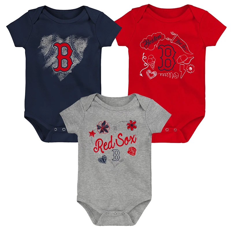 Ensemble de 3 bodys Batter Up pour filles, nouveau-né et nourrisson, bleu marine/rouge/gris chiné, Boston Red Sox
