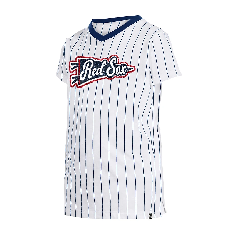 T-shirt à col en V fines rayures des Boston Red Sox New Era pour fille jeune