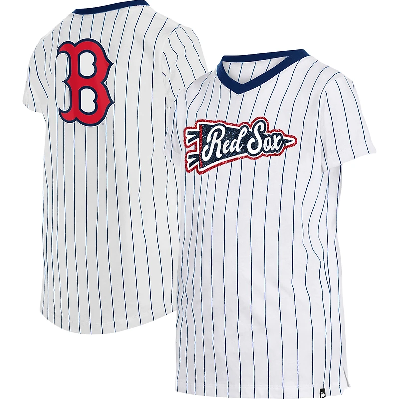 T-shirt à col en V fines rayures des Boston Red Sox New Era pour fille jeune
