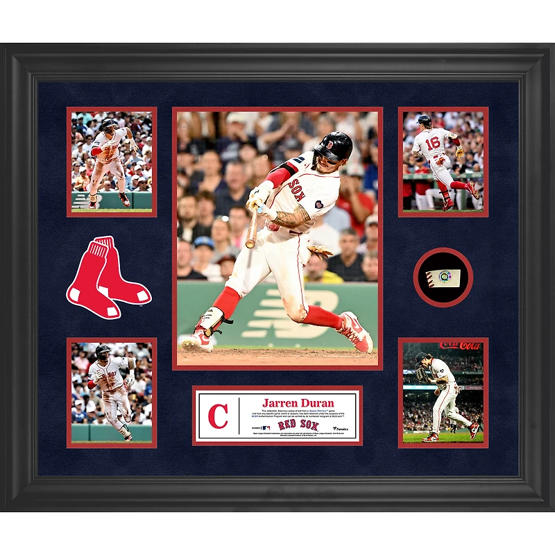 Collage encadré de 5 photos de Jarren Duran des Red Sox de Boston avec un morceau de ballon utilisé lors du match