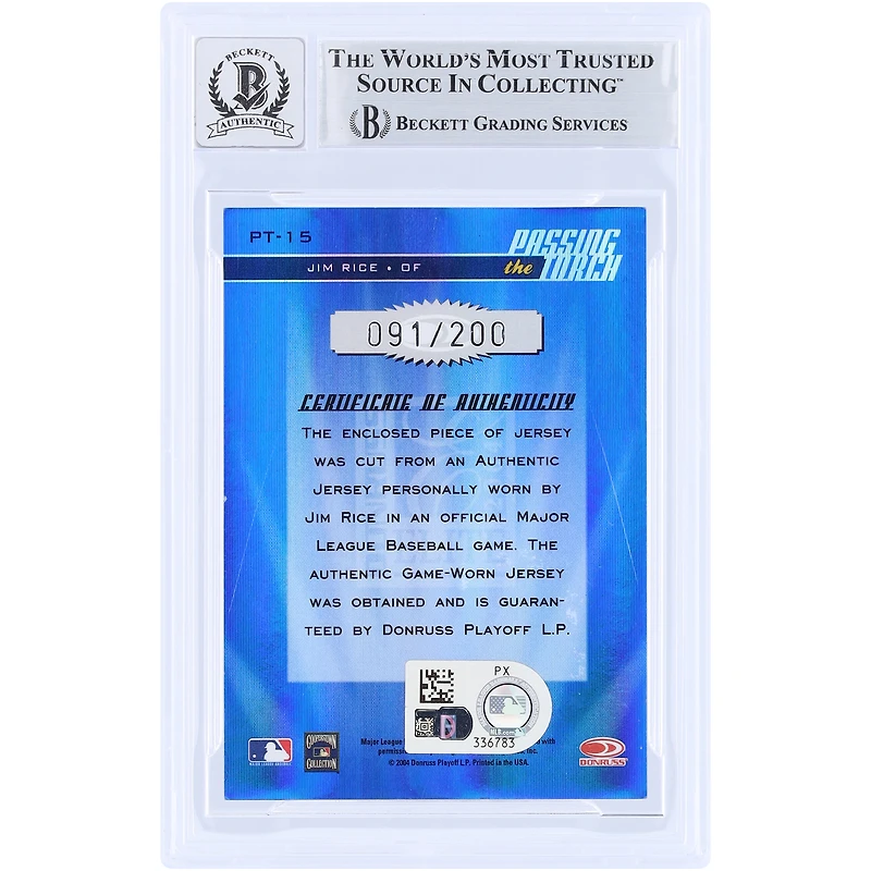 Jim Rice Boston Red Sox Autographed 2004 Donruss Elite Passing the Torch GU Relic Blue #PT-15 #/200 Beckett Fanatics Witnessed Authenticated 10 Card
