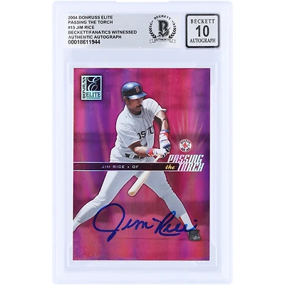 Carte autographiée par Jim Rice des Red Sox de Boston, collection Donruss Elite Passing the Torch 2004, relique GU rouge, numérotée PT-15/1000, authentifiée par Beckett Fanatics Witnessed.