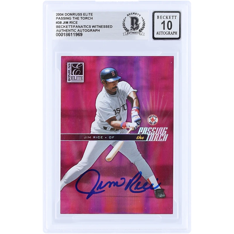 Carte autographiée par Jim Rice des Red Sox de Boston, collection Donruss Elite Passing the Torch 2004, relique GU rouge, numérotée PT-38/500, authentifiée par Beckett Fanatics Witnessed.