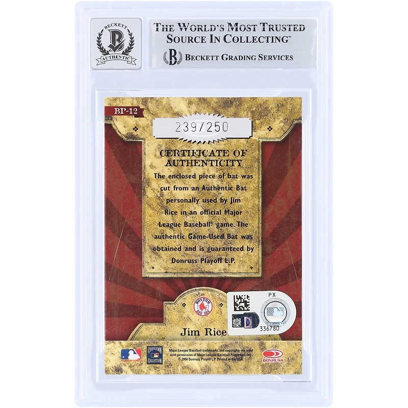 Carte autographiée par Jim Rice des Red Sox de Boston, collection Donruss Throwback Threads 2004, GU Relic #BP-12 #/250, authentifiée par Beckett Fanatics Witnessed.