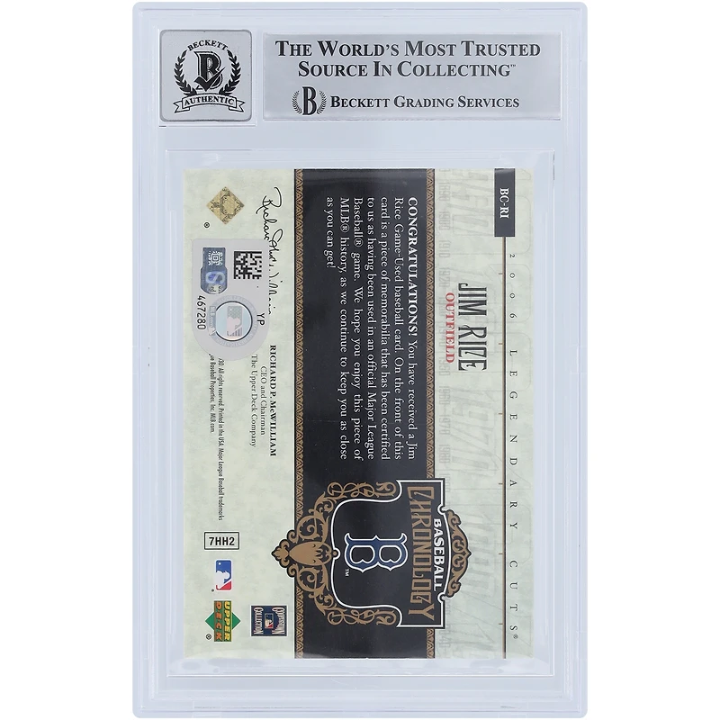 Jim Rice Boston Red Sox autographié 2006 Upper Deck SP Legendary Cuts Baseball Chronology Relic #BC-RI Beckett Fanatics Witnessed Authenticated 10 Card