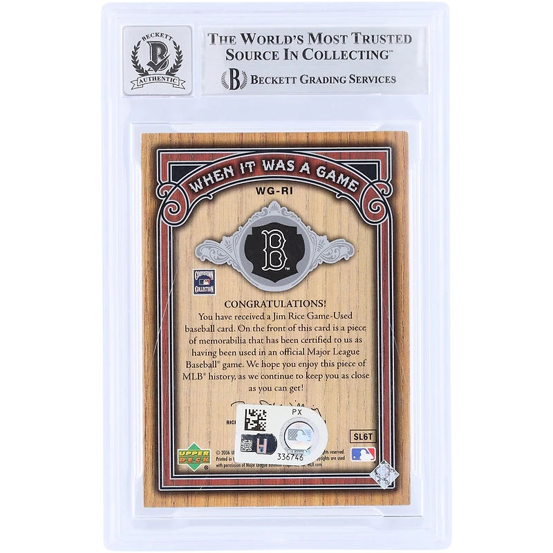 Carte autographiée par Jim Rice (Red Sox de Boston), 2006 Upper Deck SP Legendary Cuts, collection « When It Was A Game », numéro WG-RI /75, authentifiée par Beckett Fanatics Witnessed.