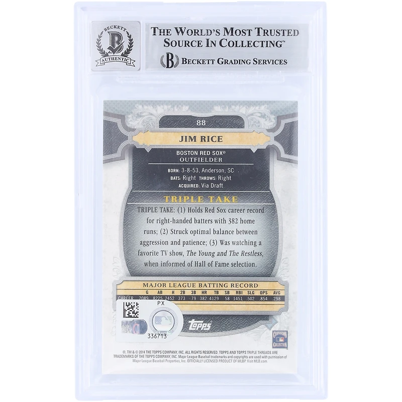 Carte autographiée de Jim Rice (Red Sox de Boston), série Topps Triple Threads Emerald 2014, numéro 88, numérotée sur 250, authentifiée par Beckett Fanatics Witnessed.