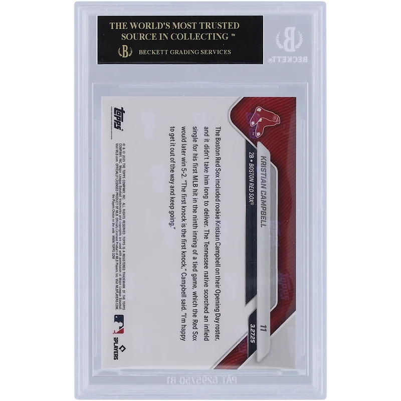 Kristian Campbell, espoir des Boston Red Sox 2025 Topps, maintenant âgé de 22 ans, réussit son premier coup sûr lors de ses débuts en MLB. Carte recrue authentifiée BGS Black Label n° 11 , 10 sous-catégories.