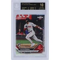 Kristian Campbell, espoir des Boston Red Sox 2025 Topps, maintenant âgé de 22 ans, réussit son premier coup sûr lors de ses débuts en MLB. Carte recrue authentifiée BGS Black Label n° 11 , 10 sous-catégories.