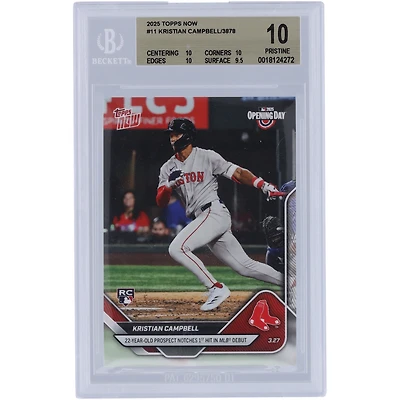Kristian Campbell, le prospect de 22 ans des Boston Red Sox 2025 Topps, réalise son premier coup sûr lors de ses débuts en MLB. Carte recrue authentifiée BGS n° 11, n° 11 - Sous-catégories 10, 10, 10, 9,5