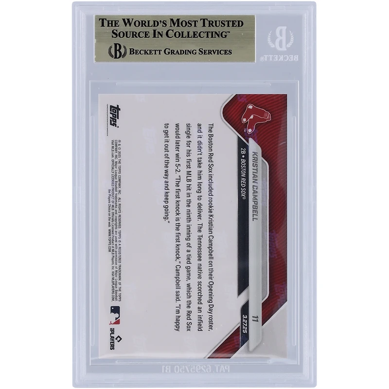 Kristian Campbell, le prospect de 22 ans des Boston Red Sox 2025 Topps, réalise son premier coup sûr lors de ses débuts en MLB. Carte recrue authentifiée BGS n° 11, n° 11 - Sous-catégories 10, 9,5, 10, 10