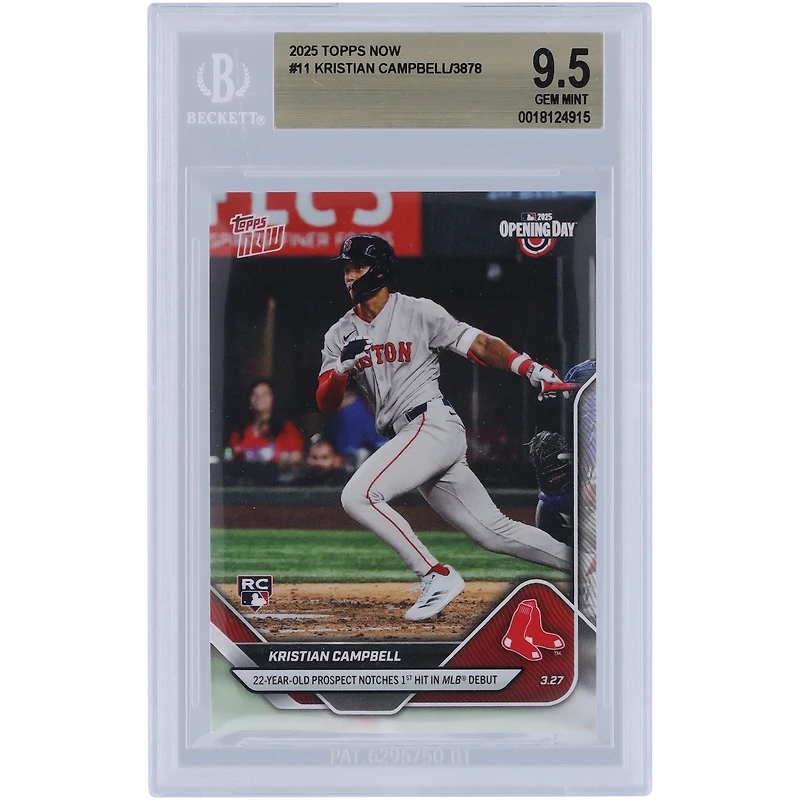 Kristian Campbell Boston Red Sox 2025 Topps, un espoir de 22 ans, réussit son premier coup sûr lors de ses débuts en MLB # 11 BGS Authenticated 9.5 Rookie Card