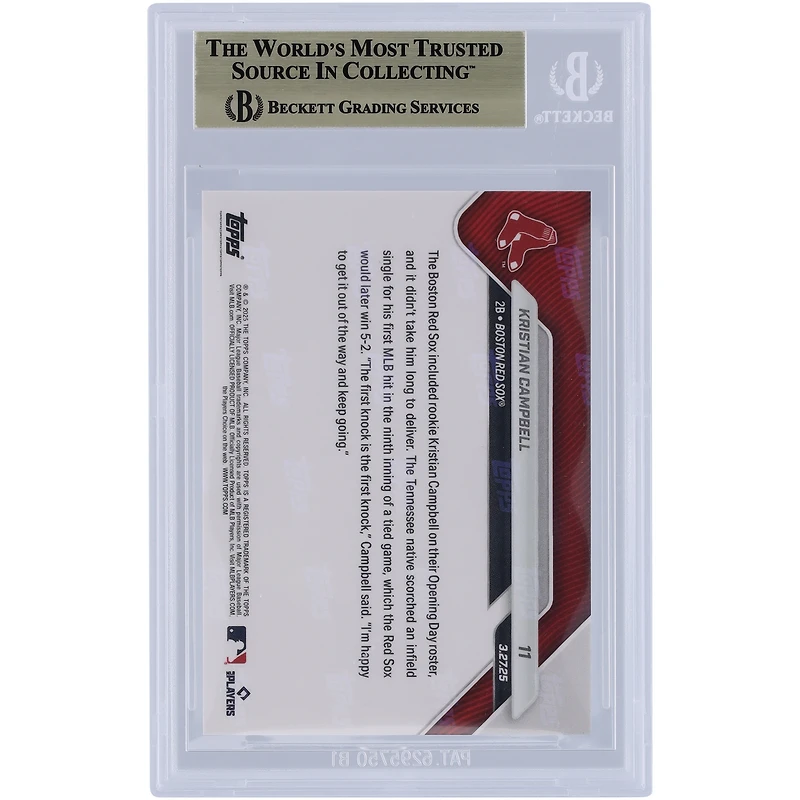 Kristian Campbell Boston Red Sox 2025 Topps Now 22 Year Old Prospect Notches 1st Hit in MLB Debut #11 BGS Authenticated 9.5 Rookie Card