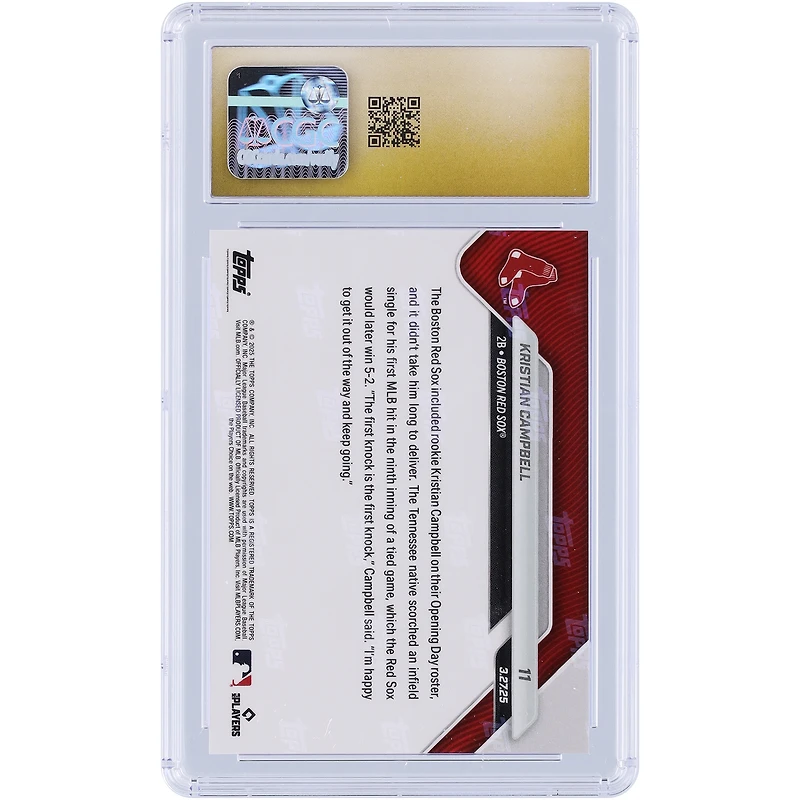 Kristian Campbell Boston Red Sox 2025 Topps, un espoir de 22 ans, réalise son premier coup sûr lors de ses débuts en MLB # 11 CGC Carte recrue vierge authentifiée 10