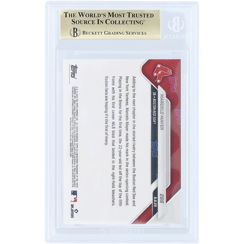 Carte recrue n° 266 de Marcelo Mayer (Red Sox de Boston, Topps Now 2025) : 1er circuit en carrière au Yankee Stadium - Note : 10/10/10/9,5 (sous-notes
