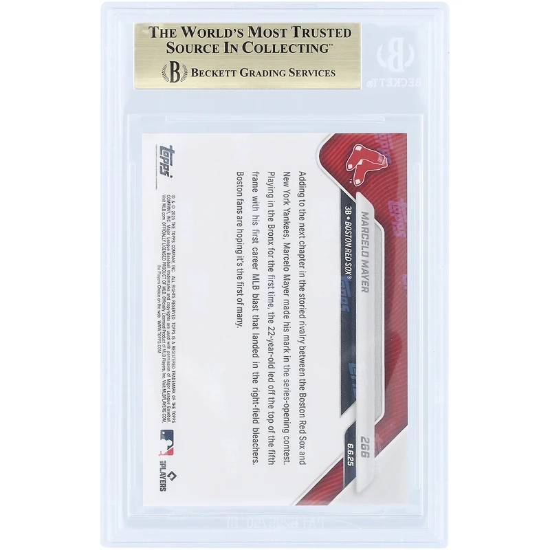 Carte recrue n° 266 authentifiée BGS 9.5 de Marcelo Mayer, Boston Red Sox, 2025 Topps Now : 1er circuit en carrière au Yankee Stadium