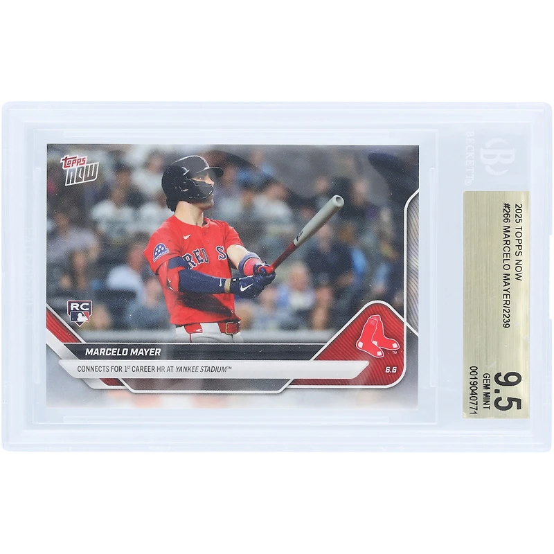 Carte recrue n° 266 authentifiée BGS 9.5 de Marcelo Mayer, Boston Red Sox, 2025 Topps Now : 1er circuit en carrière au Yankee Stadium