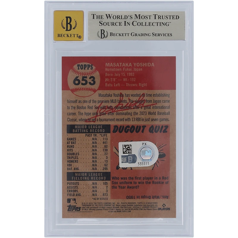 Masataka Yoshida Boston Red Sox Autographed 2023 Topps Living Kanji Signature #653 Beckett Fanatics Witnessed Authenticated 9.5/10 Rookie Card