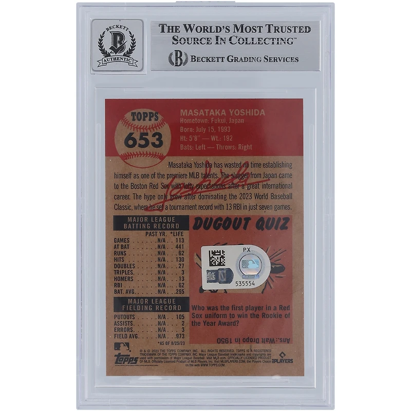 V106832 RedSox Masataka Yoshida Boston Red Sox Autographié 2023 Topps Living #653 Beckett Fanatics Witnessed Authentifié 9/10 Rookie Card 7 Masataka Yoshida AUT TPP TRADING CARDS 45831 AUTTRC CA01B09988 #25
