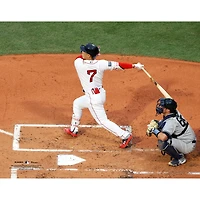 Masataka Yoshida Boston Red Sox Unsigned White Jersey Swing Photograph