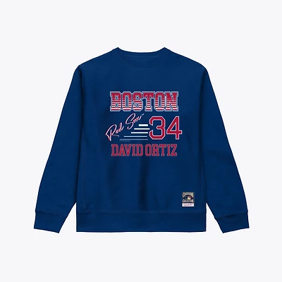 Sweat-shirt à col rond Mitchell & Ness David Ortiz bleu marine rayures Boston Red Sox pour homme, avec nom et numéro.