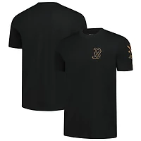 T-shirt New Era noir pour homme, logo Boston Red Sox bronze avec croix et chauves-souris.