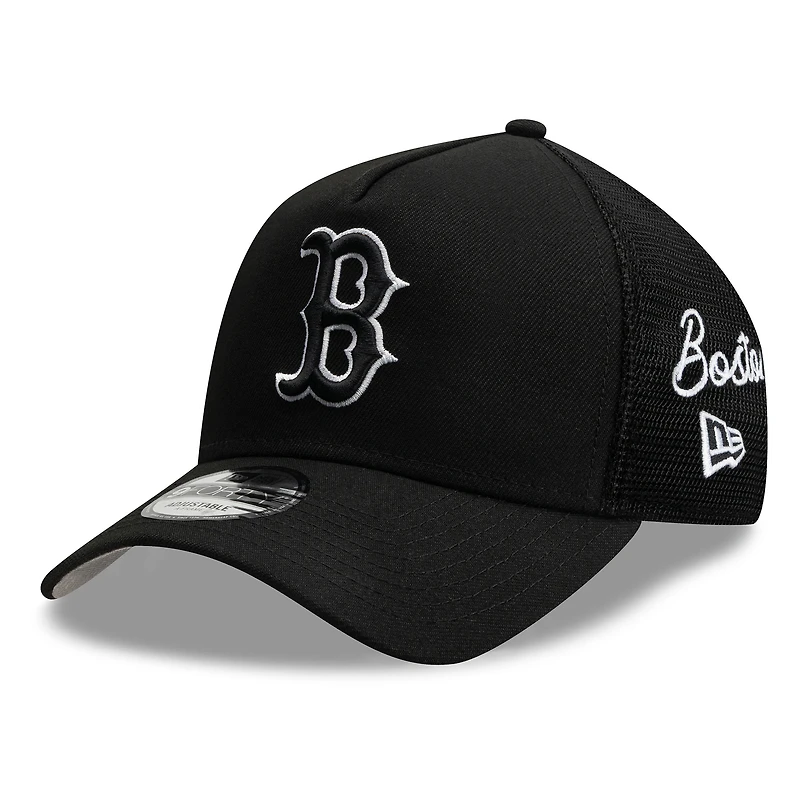 Men's New Era Black Boston Red Sox Side Script 9FORTY A-Frame Trucker Adjustable Hat
