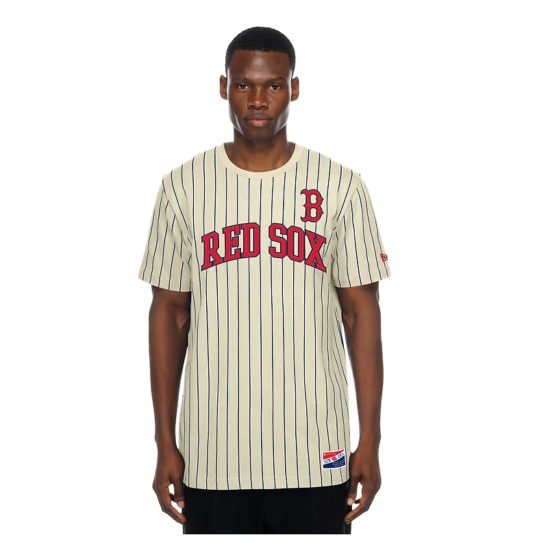 Men's New Era Cream Boston Red Sox Throwback Meshback Pinstripe T-Shirt
