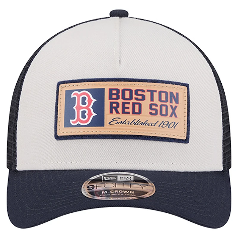 Men's New Era Stone/Navy Boston Red Sox Text A-Frame Trucker 9FORTY Hat
